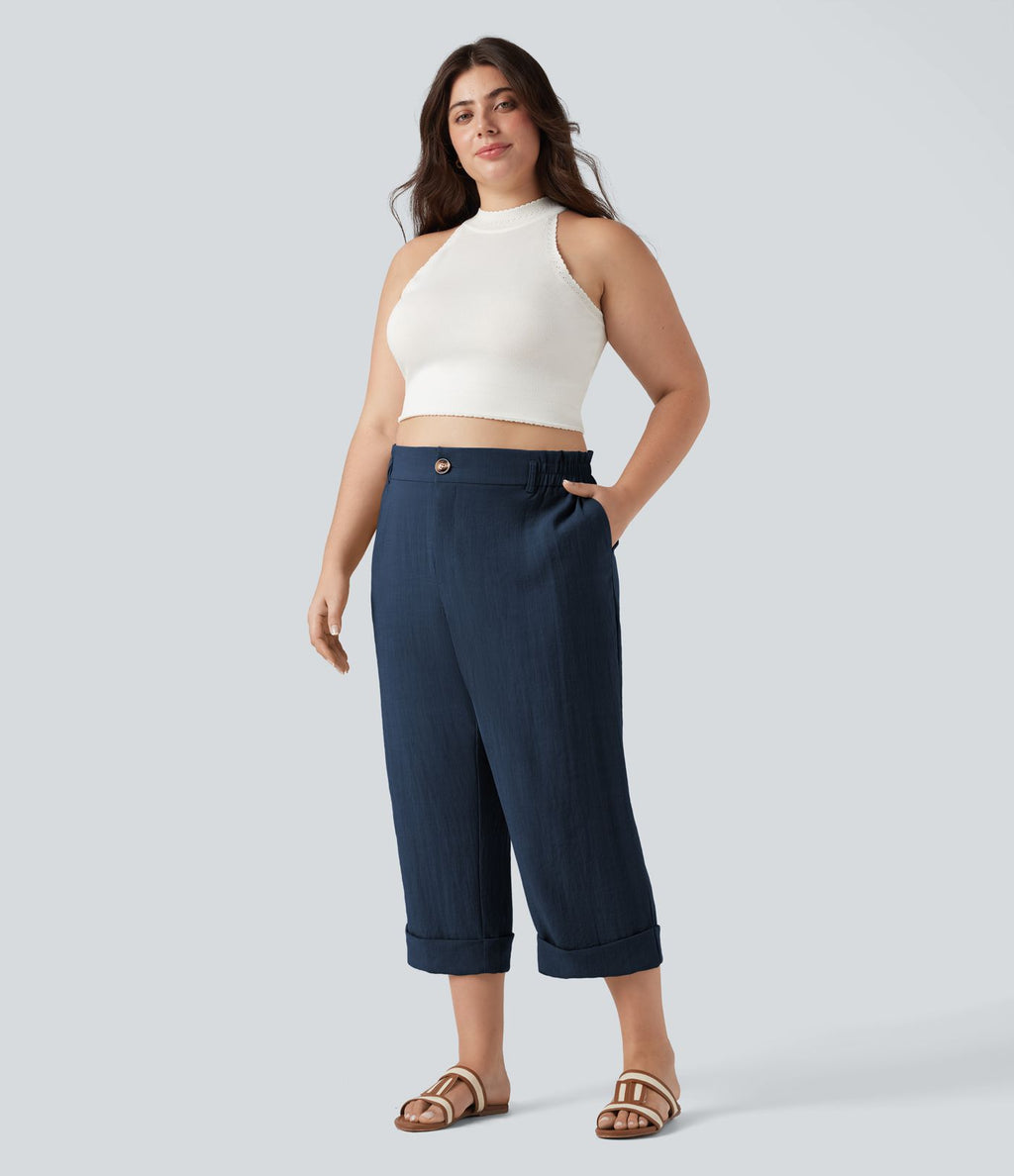 Pantalon de villégiature capri effet lin, grande taille, taille haute, avec poches