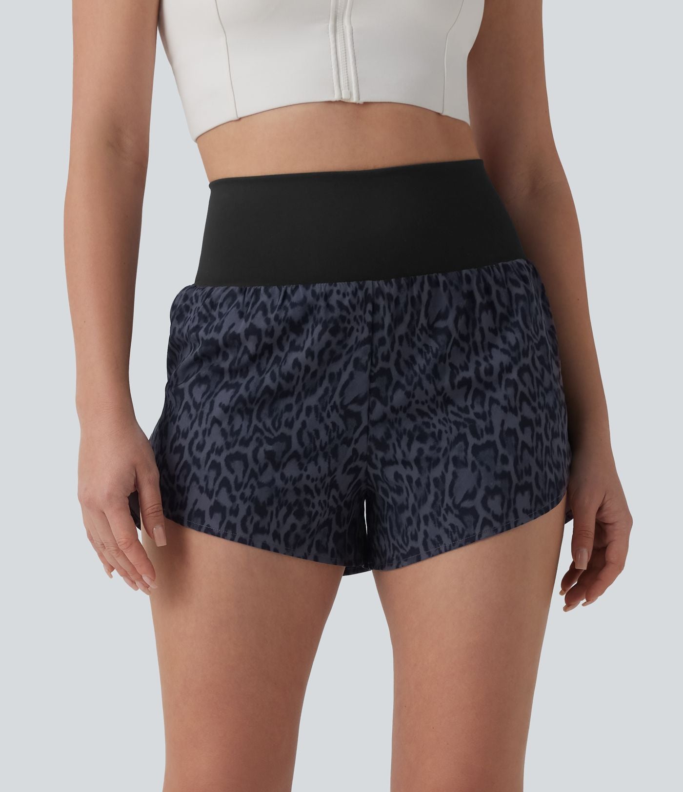 Short de running 2-en-1 taille haute imprimé léopard 7,5 cm avec poche