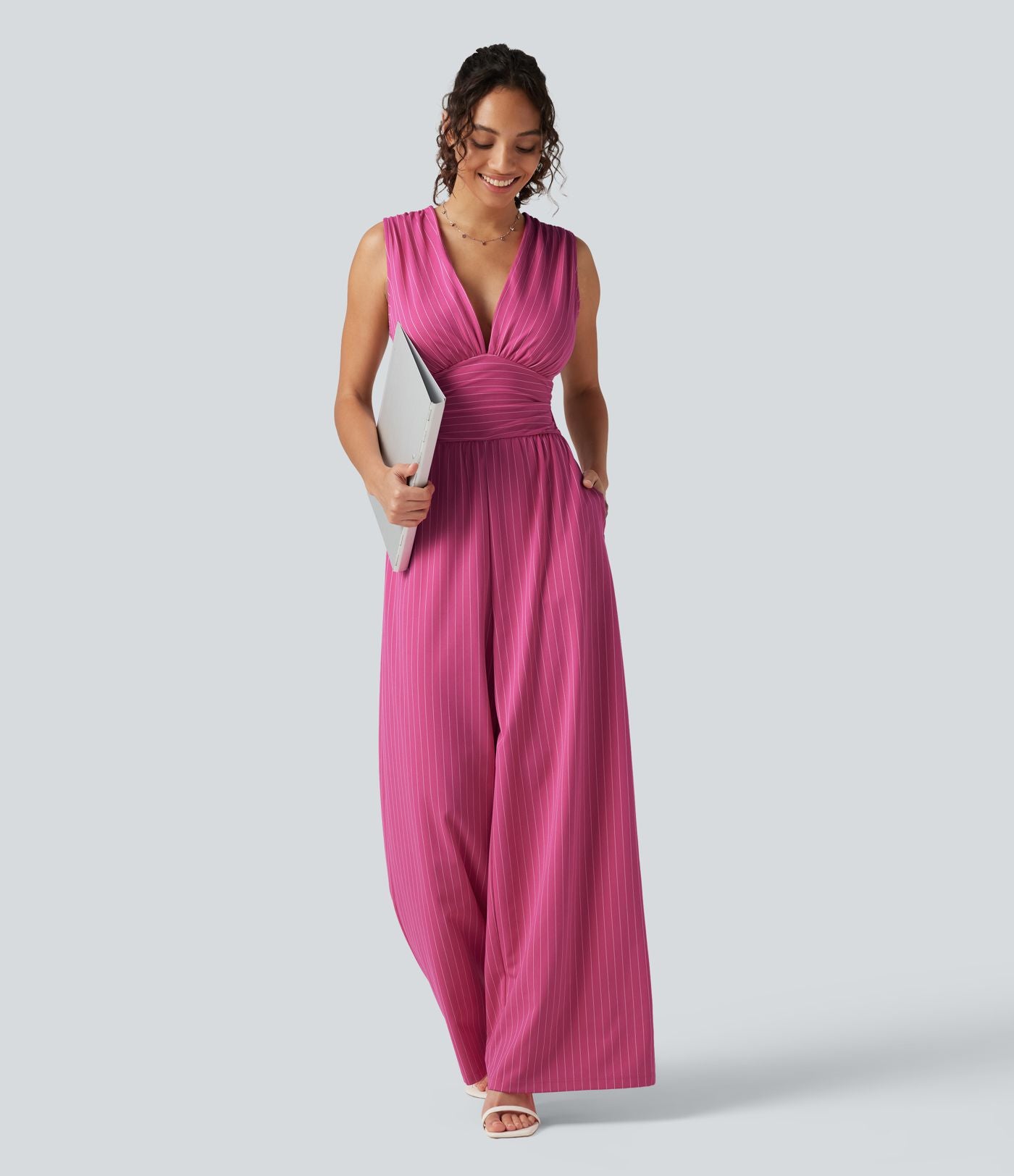 Combinaison tailleur col V sans manches à rayures et fronces avec poches - Easy Peasy