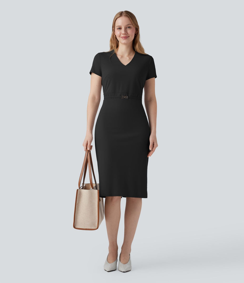 Robe de travail mi-longue anti-froissage à col V et manches courtes