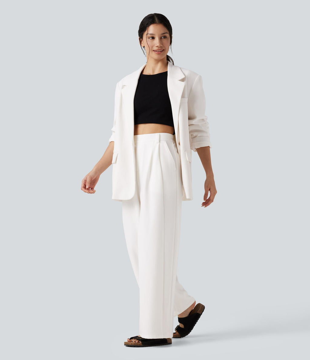 Pantalon tailleur large, taille haute, à poches