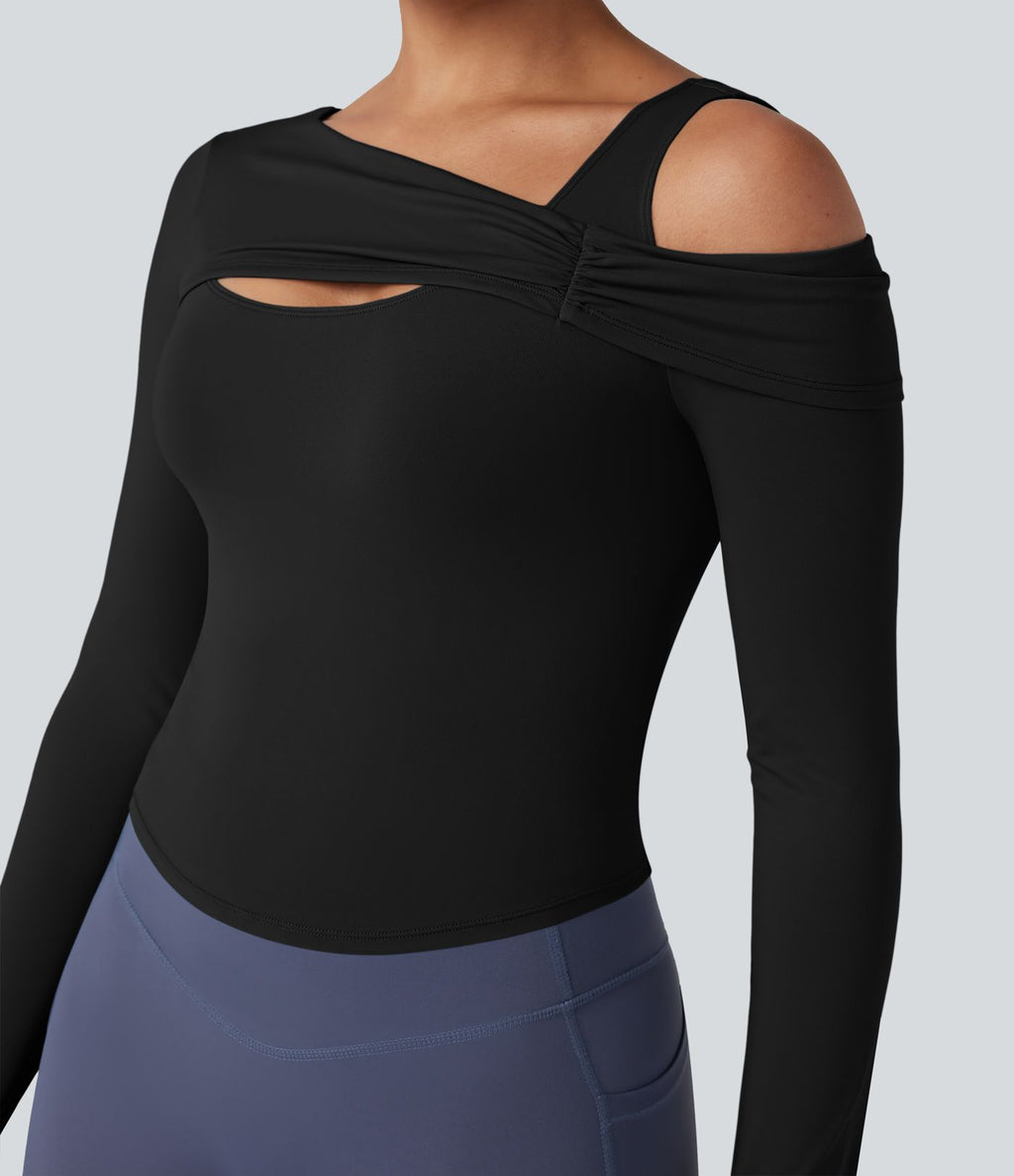 Top de sport yoga épaule asymétrique manches longues avec trous pouces