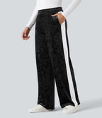 Pantalon velours coupe droite color block taille mi-haute avec cordon de serrage et poches