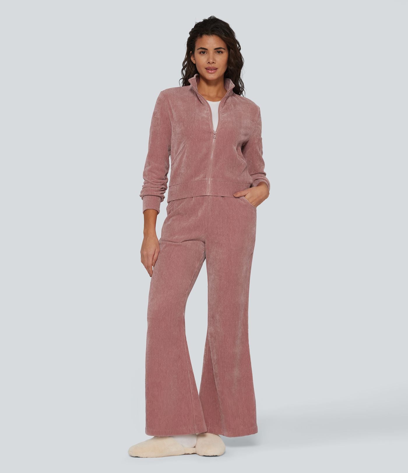 Pantalon de détente évasé en velours taille haute avec cordon de serrage et poches