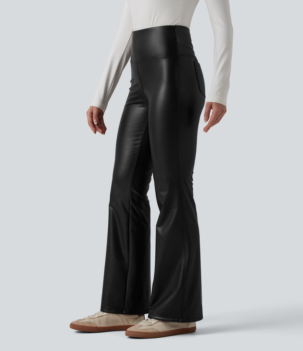 Pantalon évasé décontracté gainant taille haute extensible en molleton PU avec poches