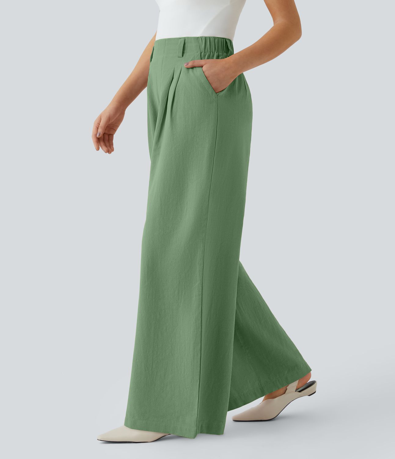 Pantalon Fluide Large Taille Haute Poches Latérales Palazzo Solide Casual Linen-Feel