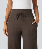 Pantalon jogging large décontracté côtelé gainant taille haute avec cordon de serrage et poches