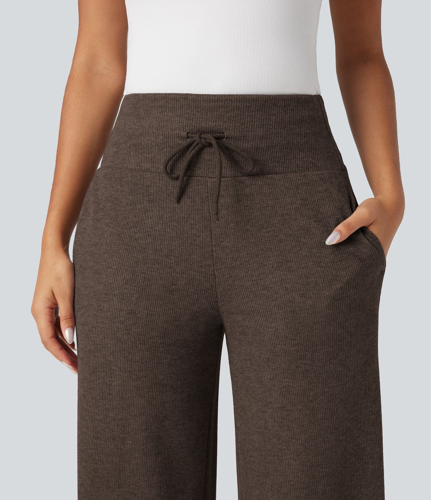 Pantalon jogging large décontracté côtelé gainant taille haute avec cordon de serrage et poches