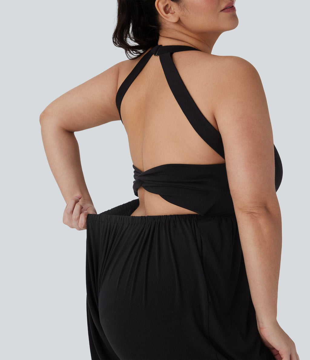 Combinaison sarouel dos nu torsadée grande taille avec poche latérale - Édition facile à enfiler
