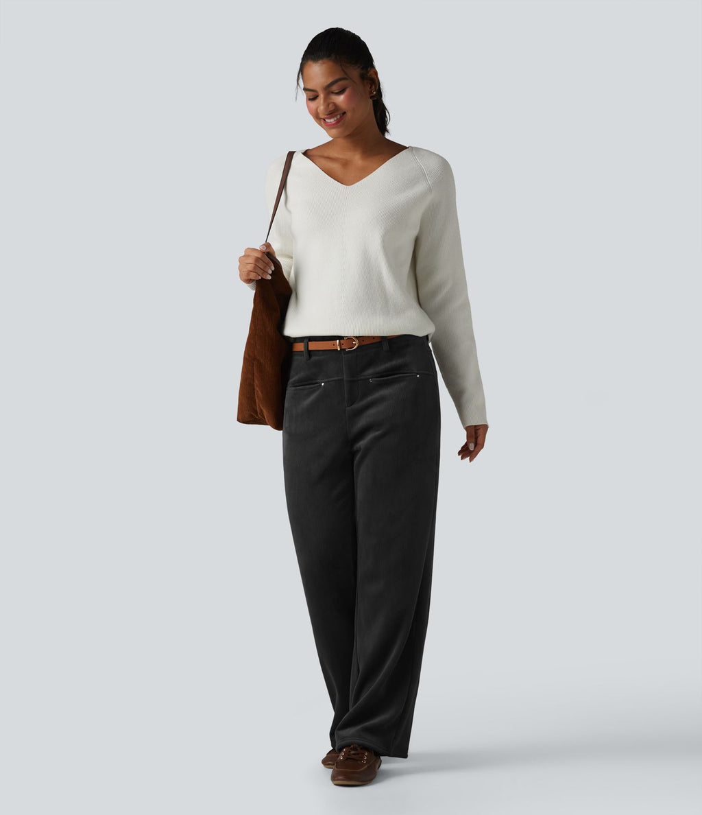 Pantalon droit casual en velours côtelé molletonné taille mi-haute avec poches