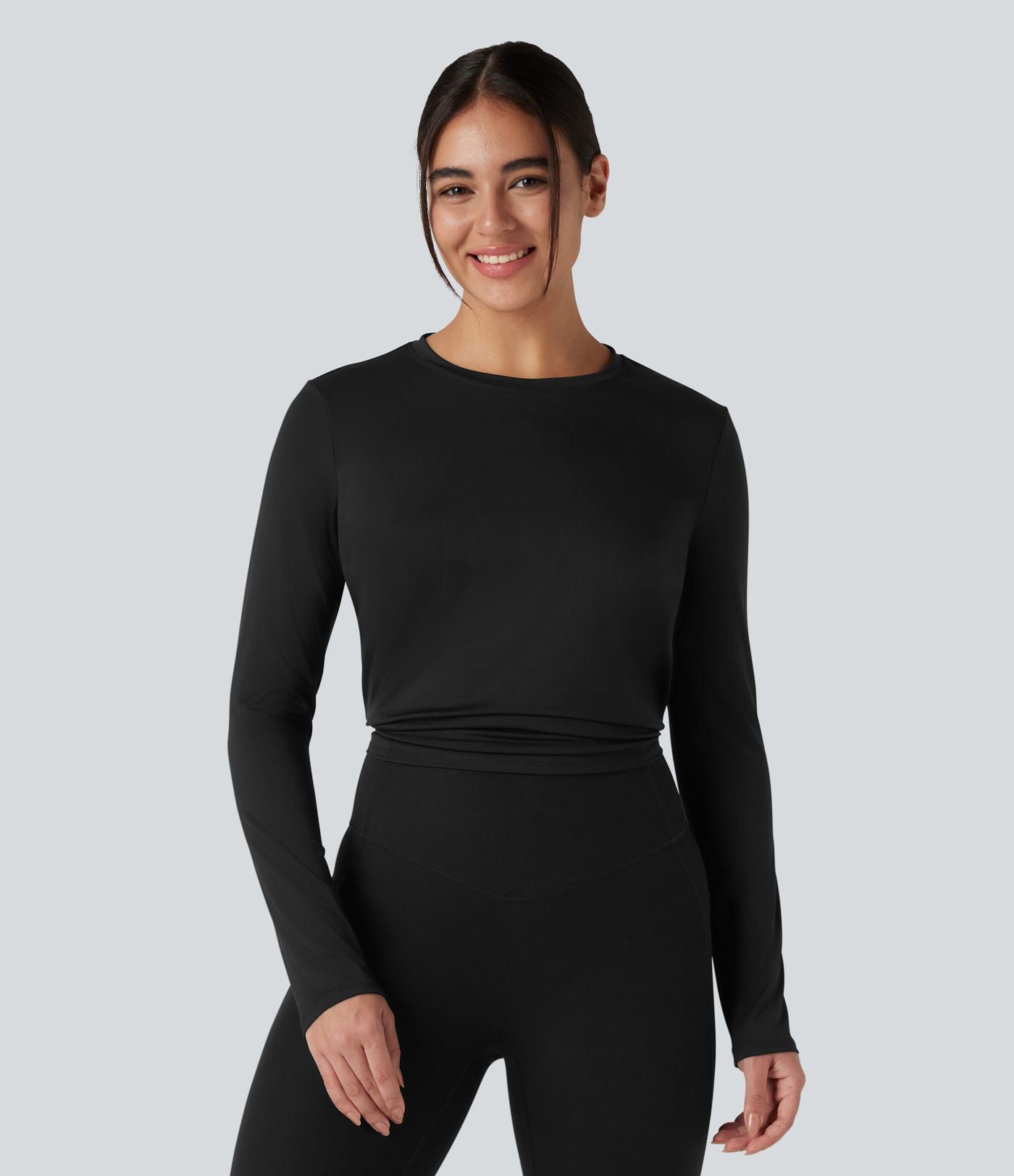 Top de sport running col rond mesh contrastant liens dans le dos manches longues