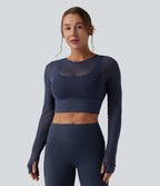 Haut de sport yoga cropped 2-en-1 manches longues mesh contrastant à trous pouces