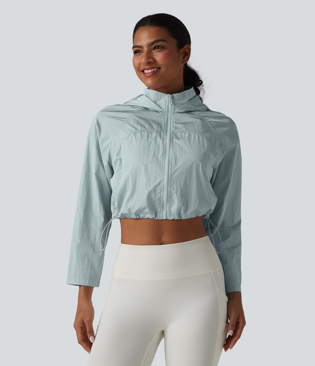 Veste de running 3-en-1 déperlante à capuche avec trous pour les pouces, ourlet arrondi et poches
