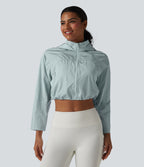 Veste de running 3-en-1 déperlante à capuche avec trous pour les pouces, ourlet arrondi et poches
