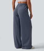 Pantalon large décontracté à rayures et taille haute avec cordon de serrage et poches
