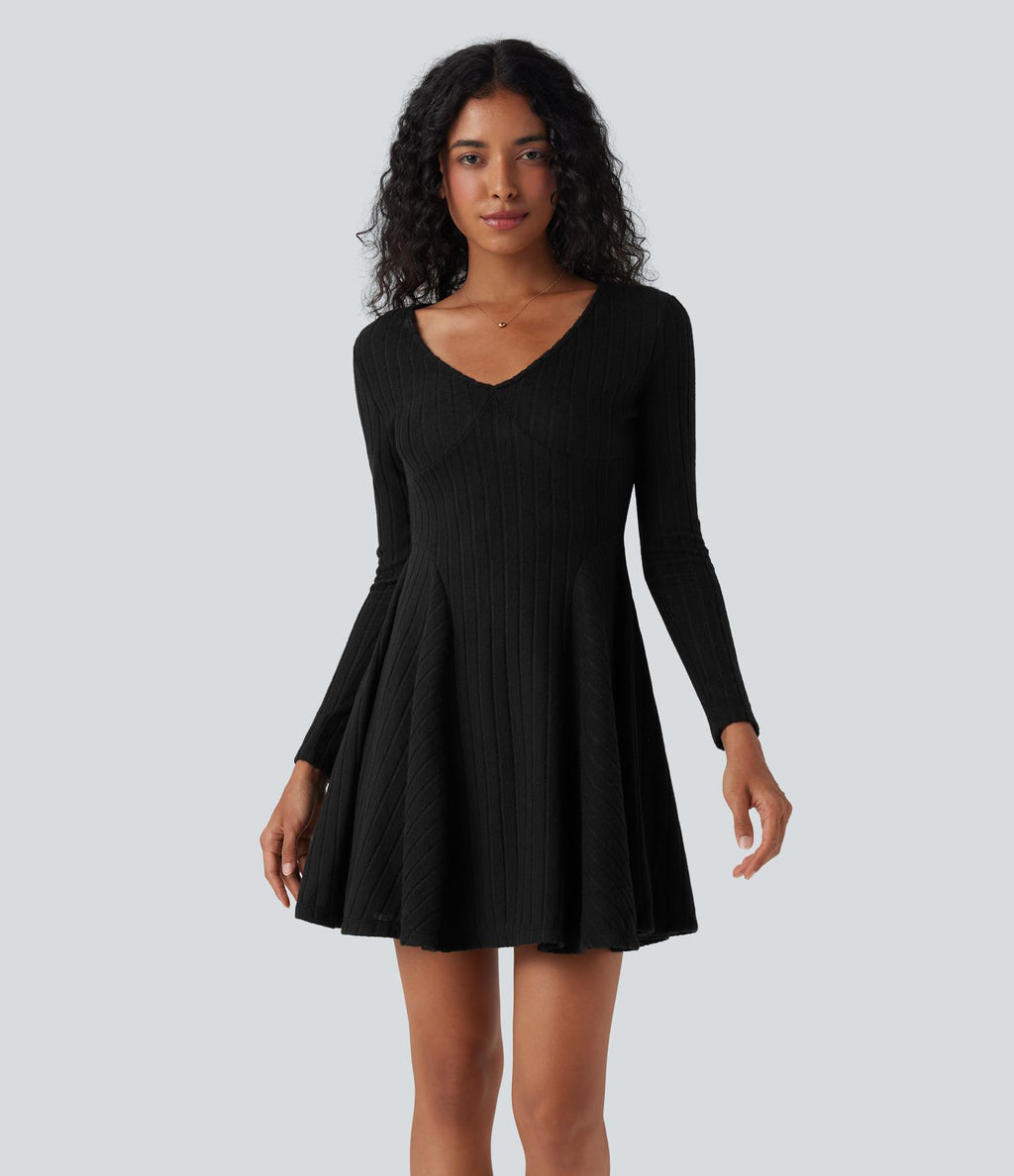 Robe décontractée mini évasée maille côtelée col V manches longues