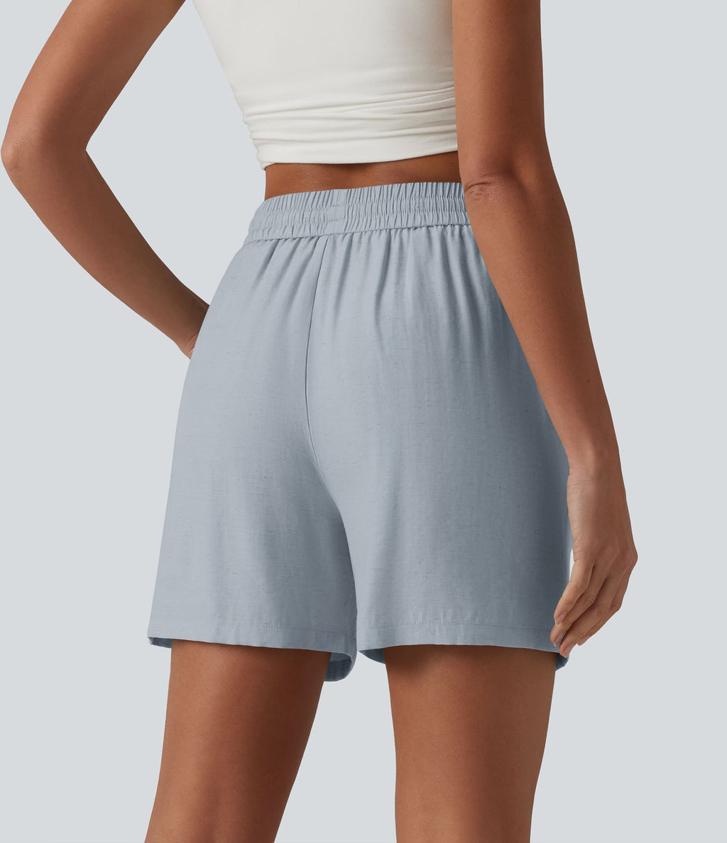 Short décontracté ample en lin mélangé taille haute avec cordon de serrage, 12,5 cm, et poches