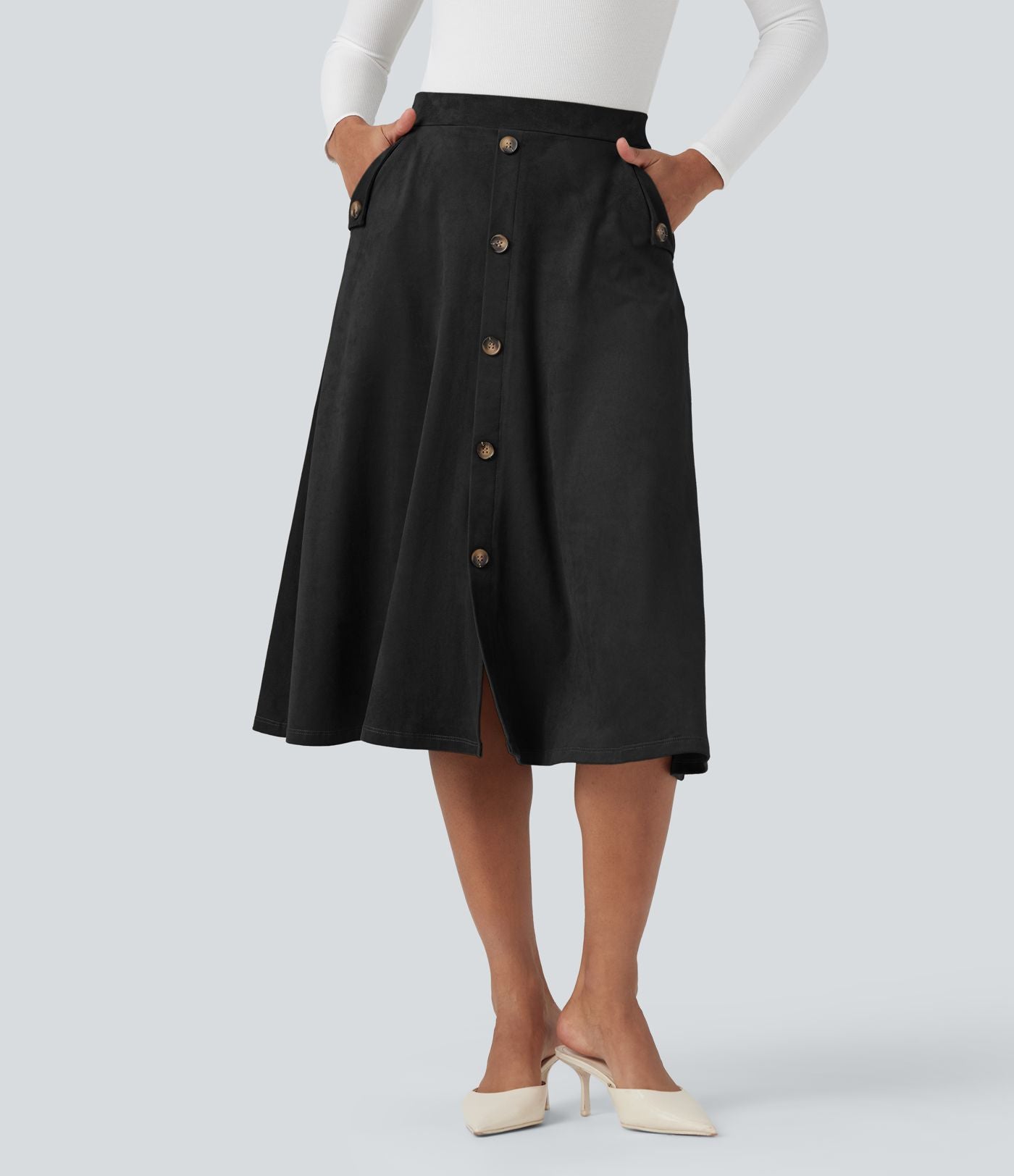 Jupe mi-longue évasée effet daim taille haute avec poches
