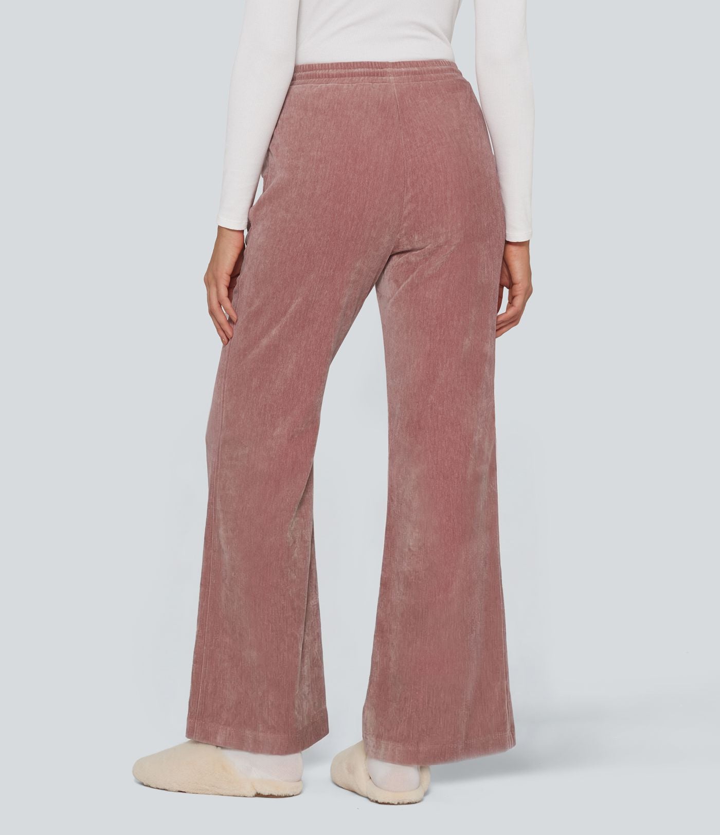 Pantalon de détente évasé en velours taille haute avec cordon de serrage et poches