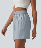 Short décontracté ample en lin mélangé taille haute avec cordon de serrage, 12,5 cm, et poches