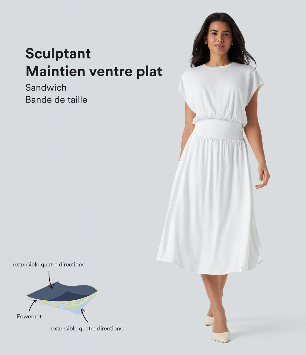 Robe de travail mi-longue fluide gainante à manches chauve-souris avec poches