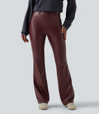 Pantalon évasé décontracté taille haute en tissu enduit doublé polaire extensible avec poches