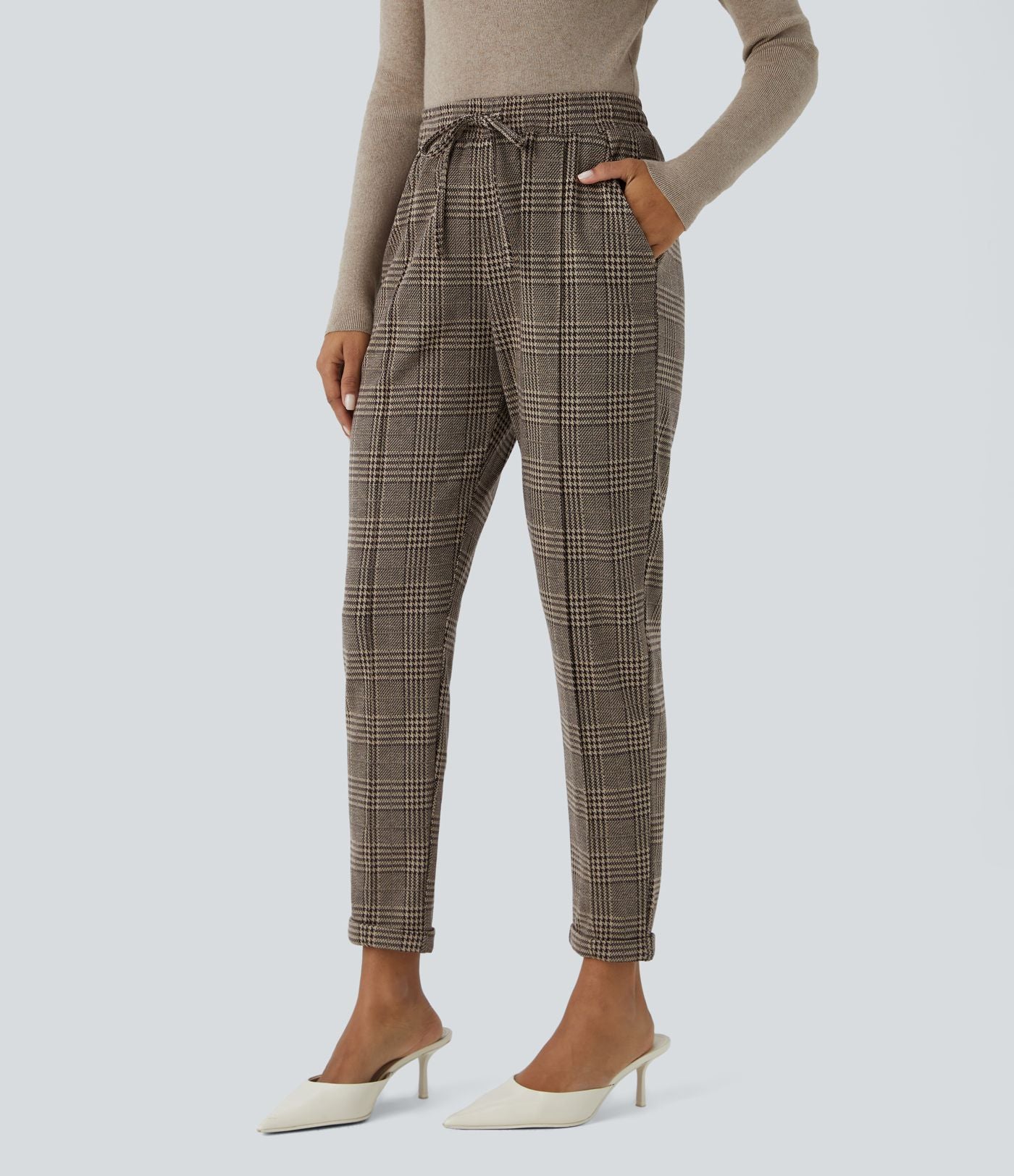 Halara Flex™ Pantalon Tailleur taille mi-haute à motif pied-de-poule avec cordon de serrage et poches latérales