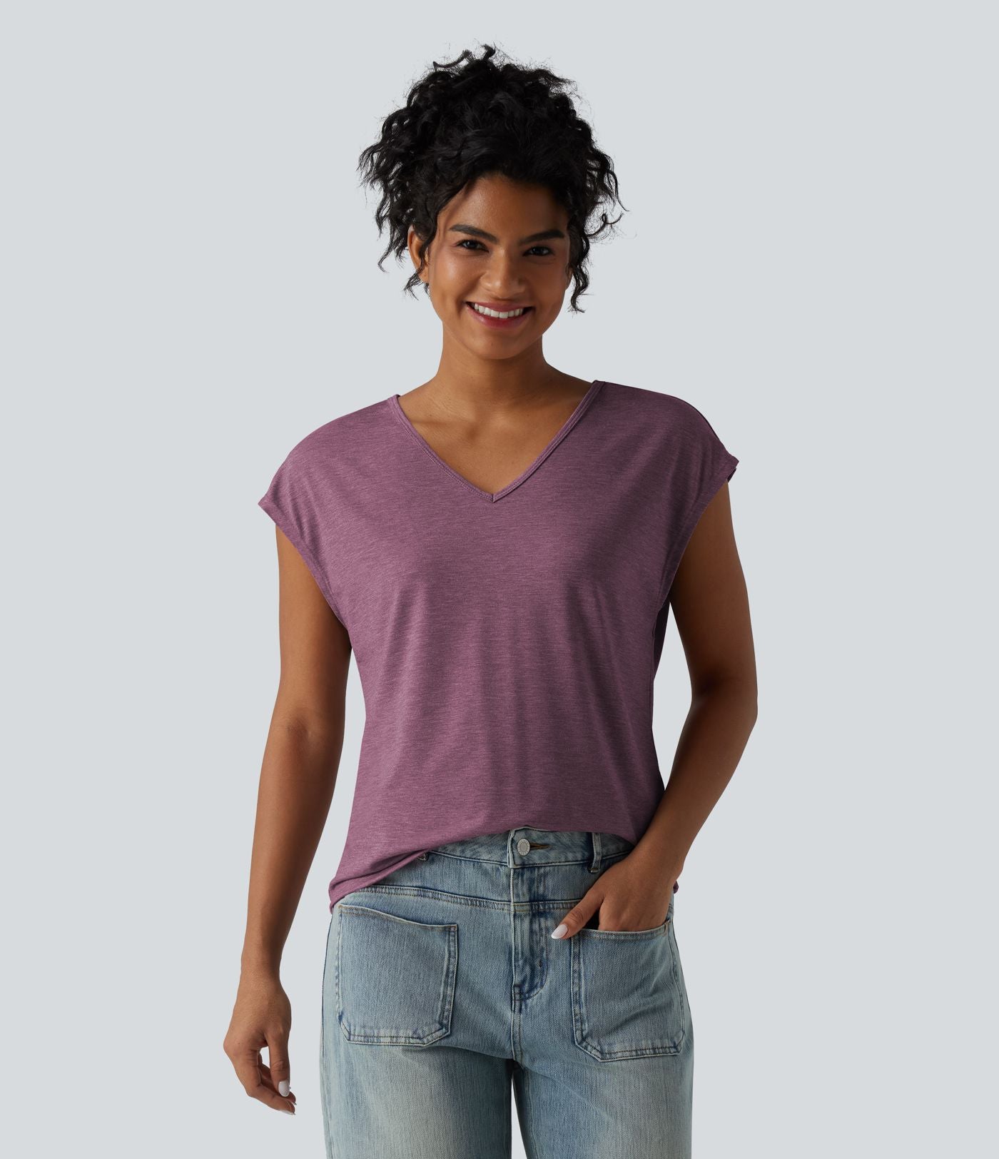 T-shirt décontracté chiné ample à manches courtes et col V