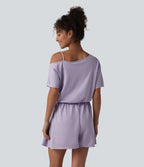 Combishort casual asymétrique manches courtes plissé en nid d'abeille avec poches - Édition Easy Peasy