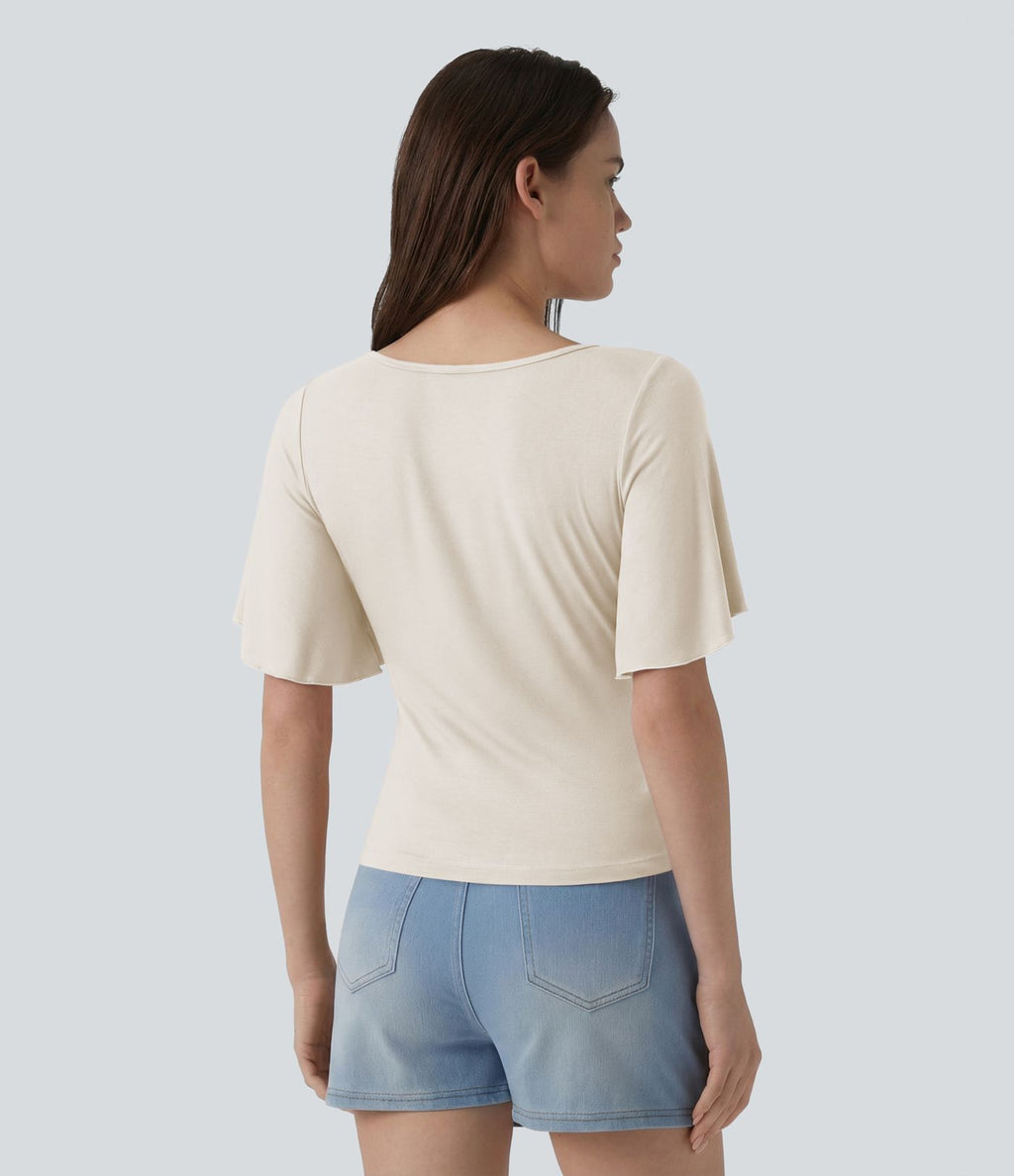 T-shirt décontracté maille côtelée col carré manches papillon froncé