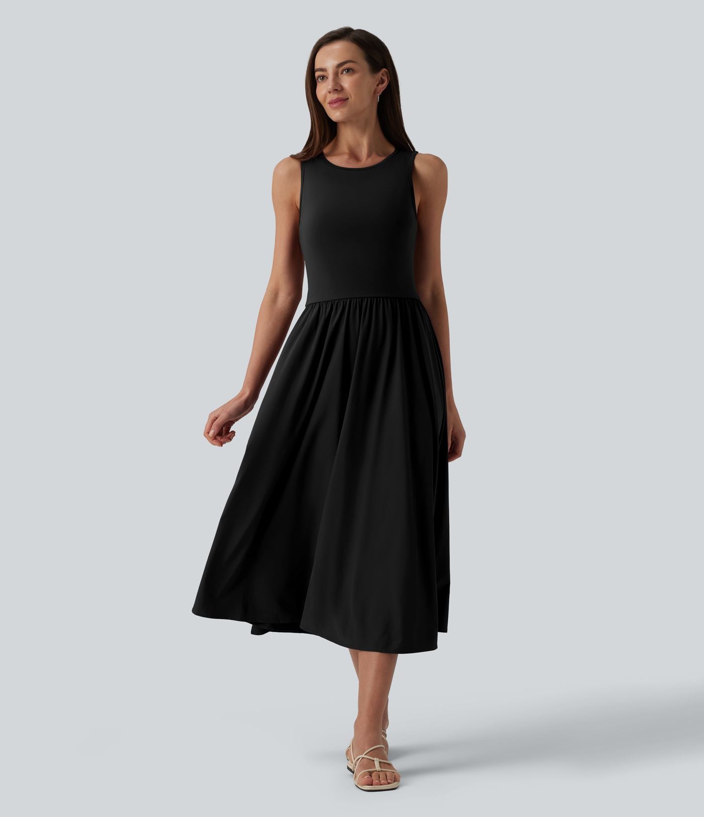 Robe mi-longue décontractée col rond sans manches découpes