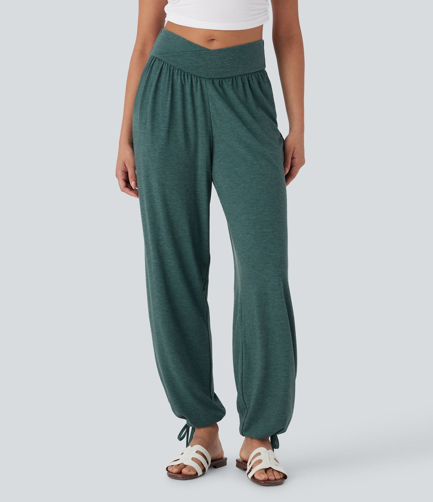 Pantalon de jogging décontracté à taille haute croisée avec poches latérales et cordon de serrage