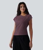 Blouse tailleur asymétrique col drapé manches courtes avec fronces et ourlet fendu