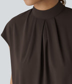 Blouse de Travail à Col Montant Plissée avec Boutons dans le Dos et Manches Courtes