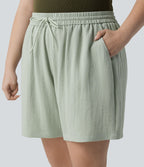 Short casual aspect lin grande taille taille haute avec cordon de serrage et poches