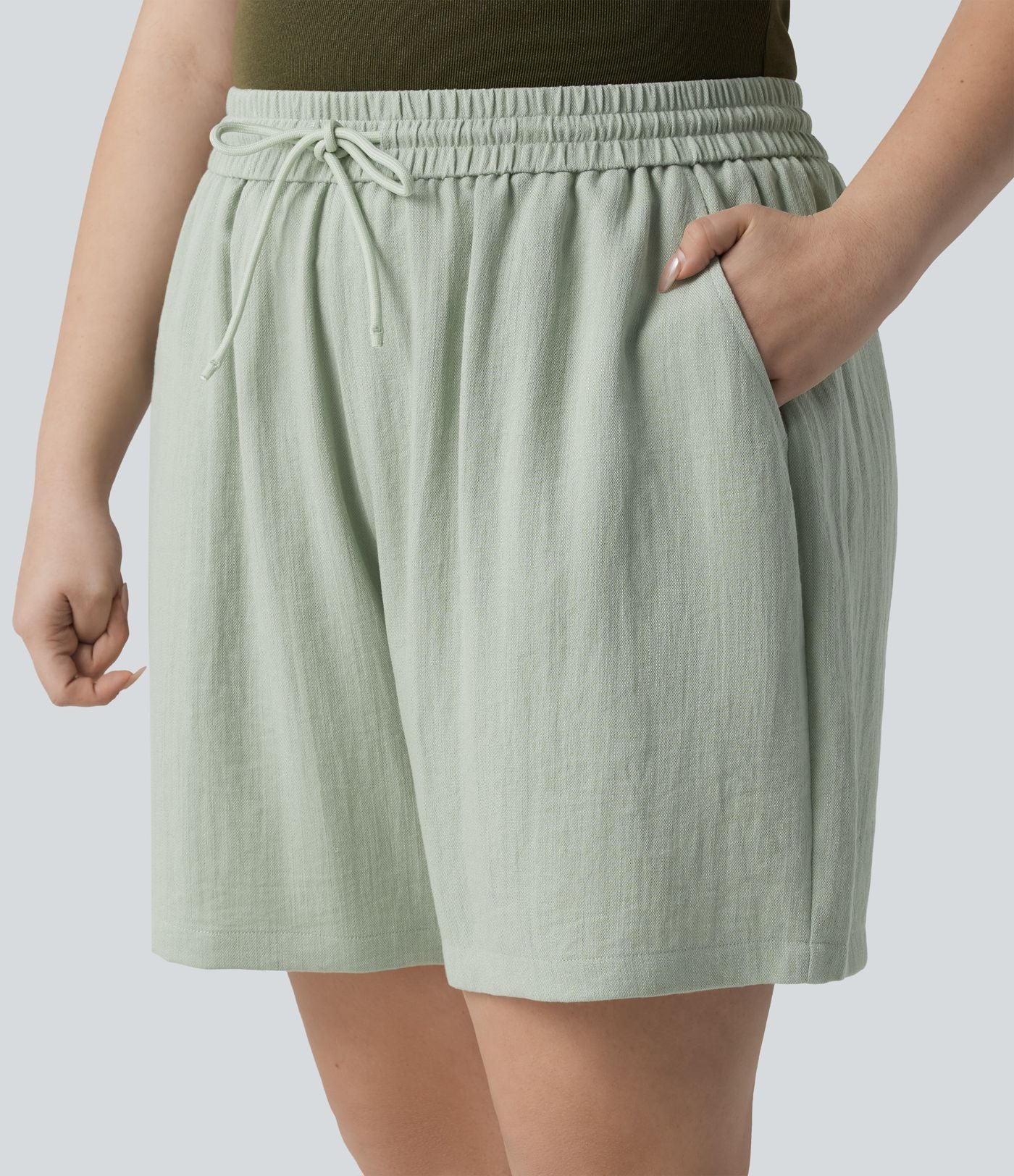 Short casual aspect lin grande taille taille haute avec cordon de serrage et poches