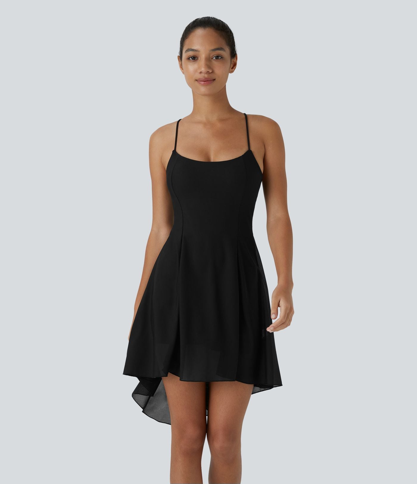 Robe de sport danse mini 2-en-1 laçage asymétrique résille contrastante fluide avec poche A-D