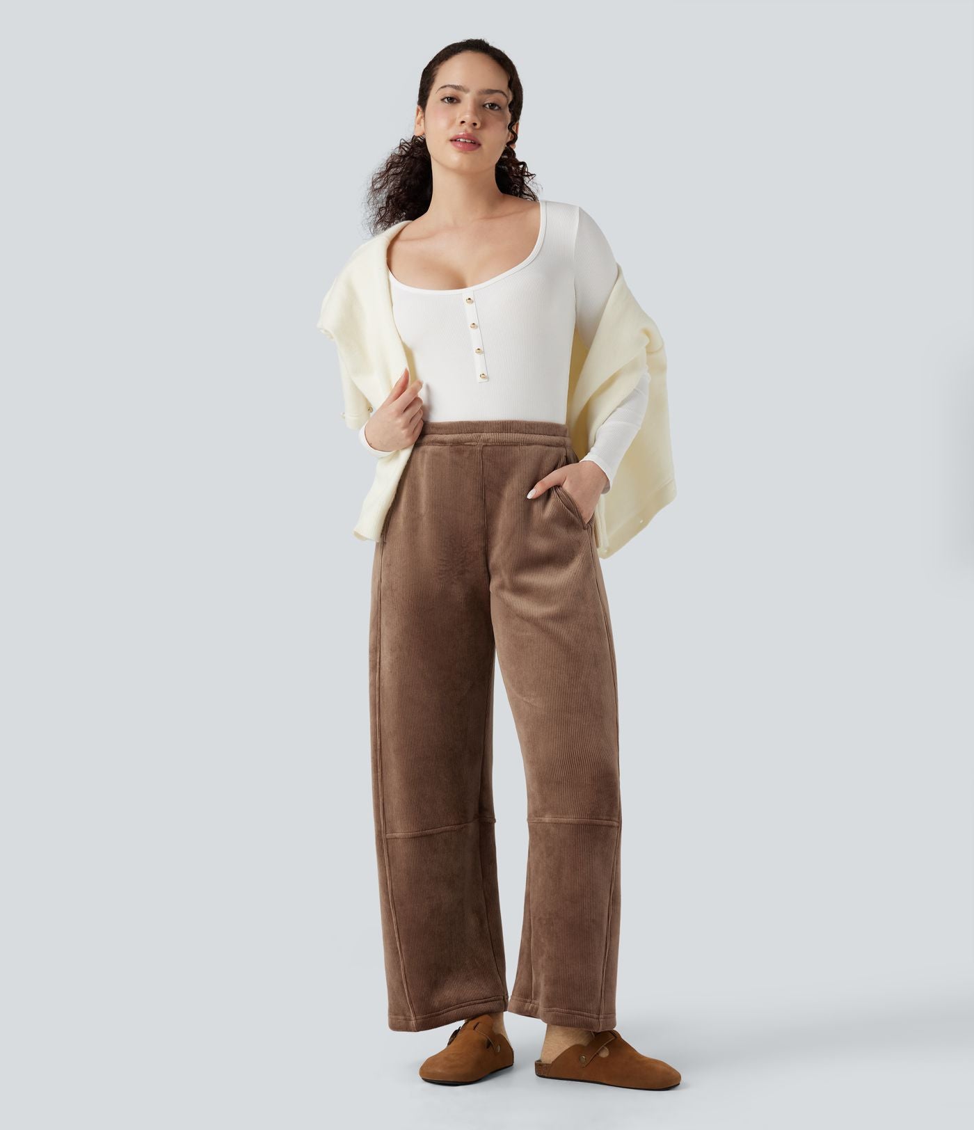 Pantalon barrel polaire côtelé taille mi-haute avec poches
