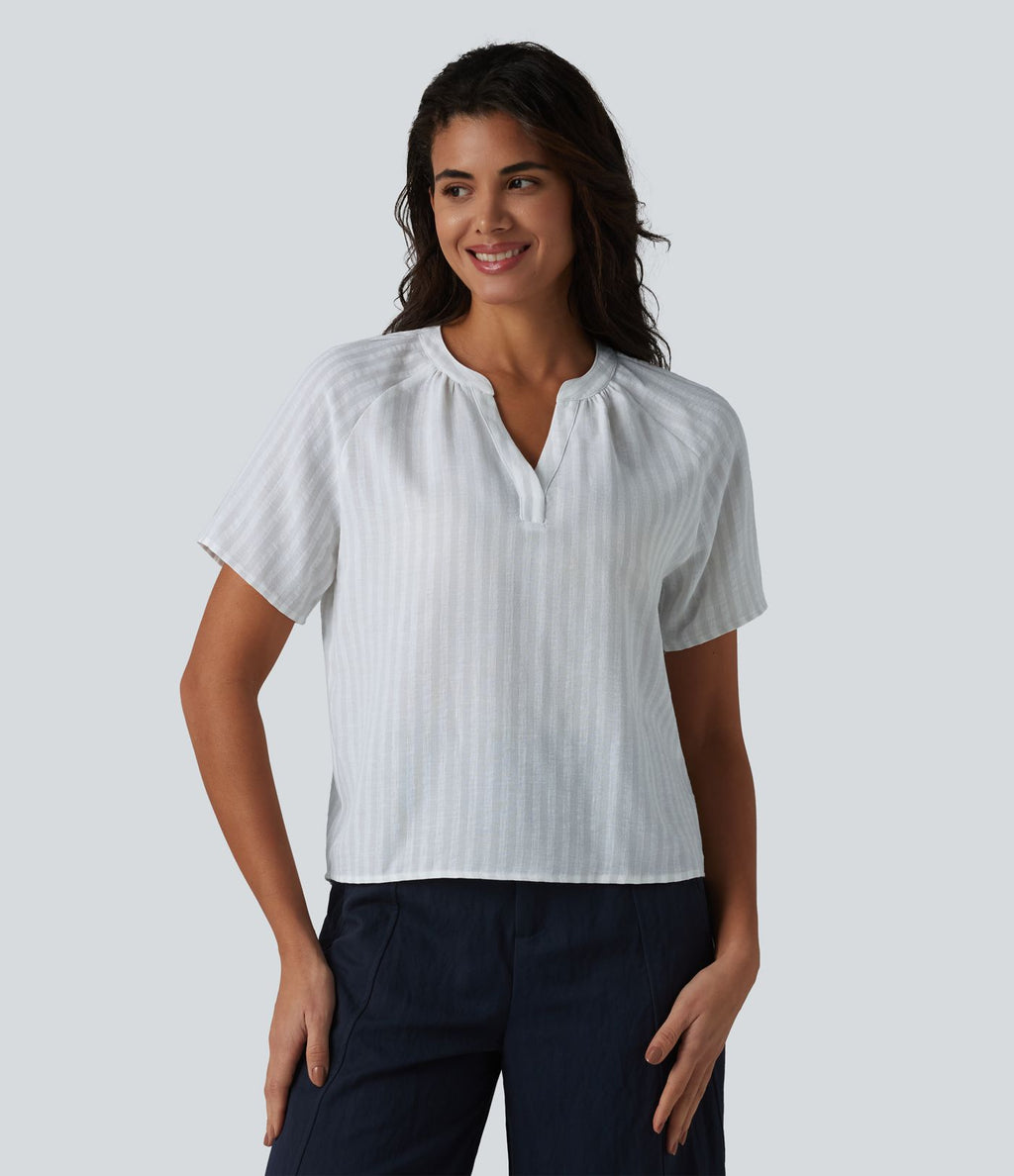 Blouse col V manches courtes à rayures aspect lin