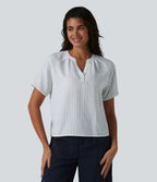 Blouse col V manches courtes à rayures aspect lin