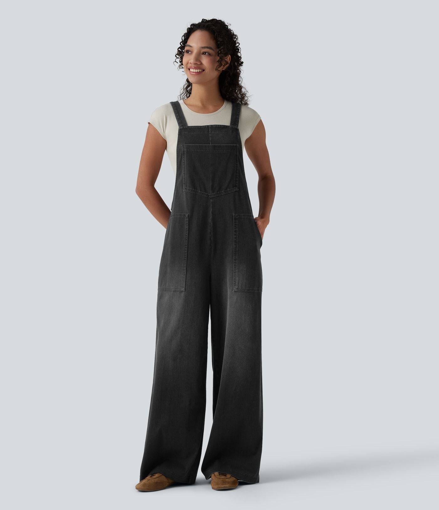 Salopette denim Halara Flex™ col carré effet délavé avec poches