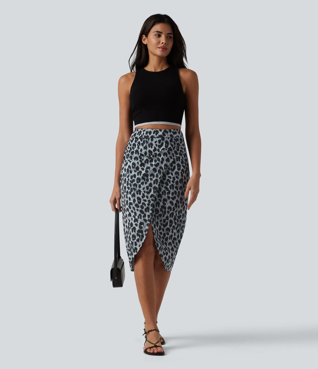 Jupe midi casual tulipe taille haute froncée en tissu gaufré imprimé léopard