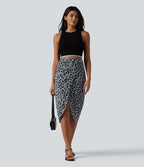 Jupe midi casual tulipe taille haute froncée en tissu gaufré imprimé léopard