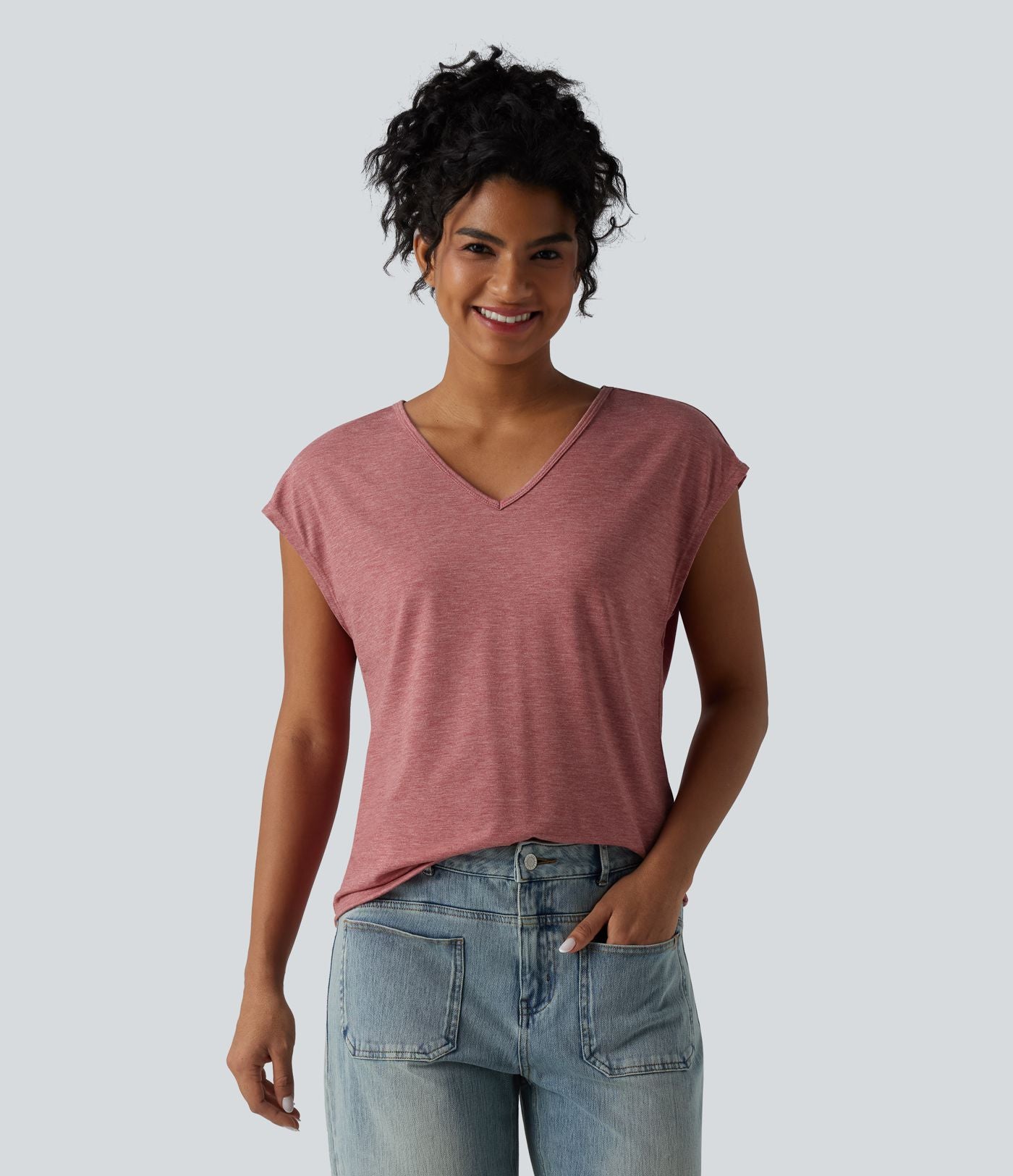 T-shirt décontracté chiné ample à manches courtes et col V