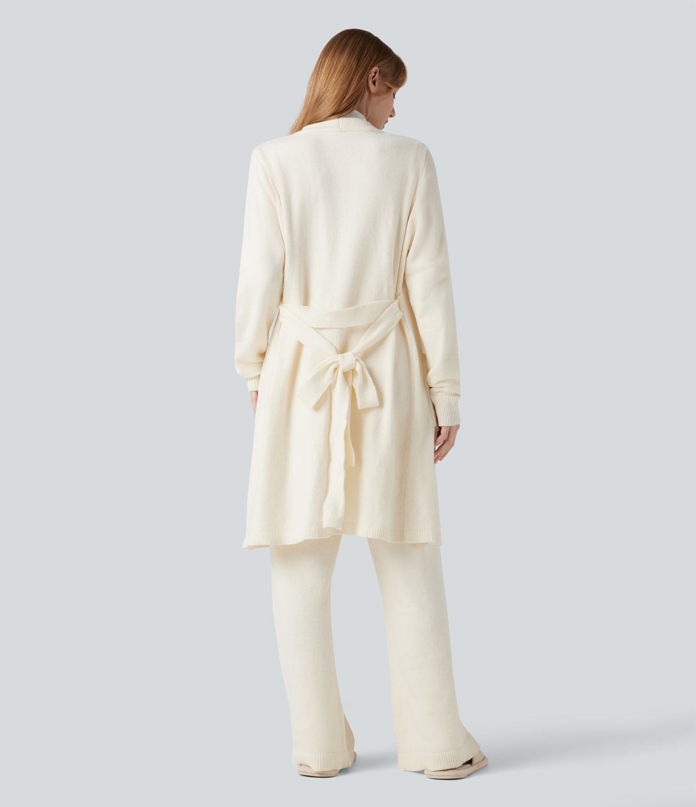 Robe d'intérieur longue tricot ouverte ceinturée manches longues avec poches
