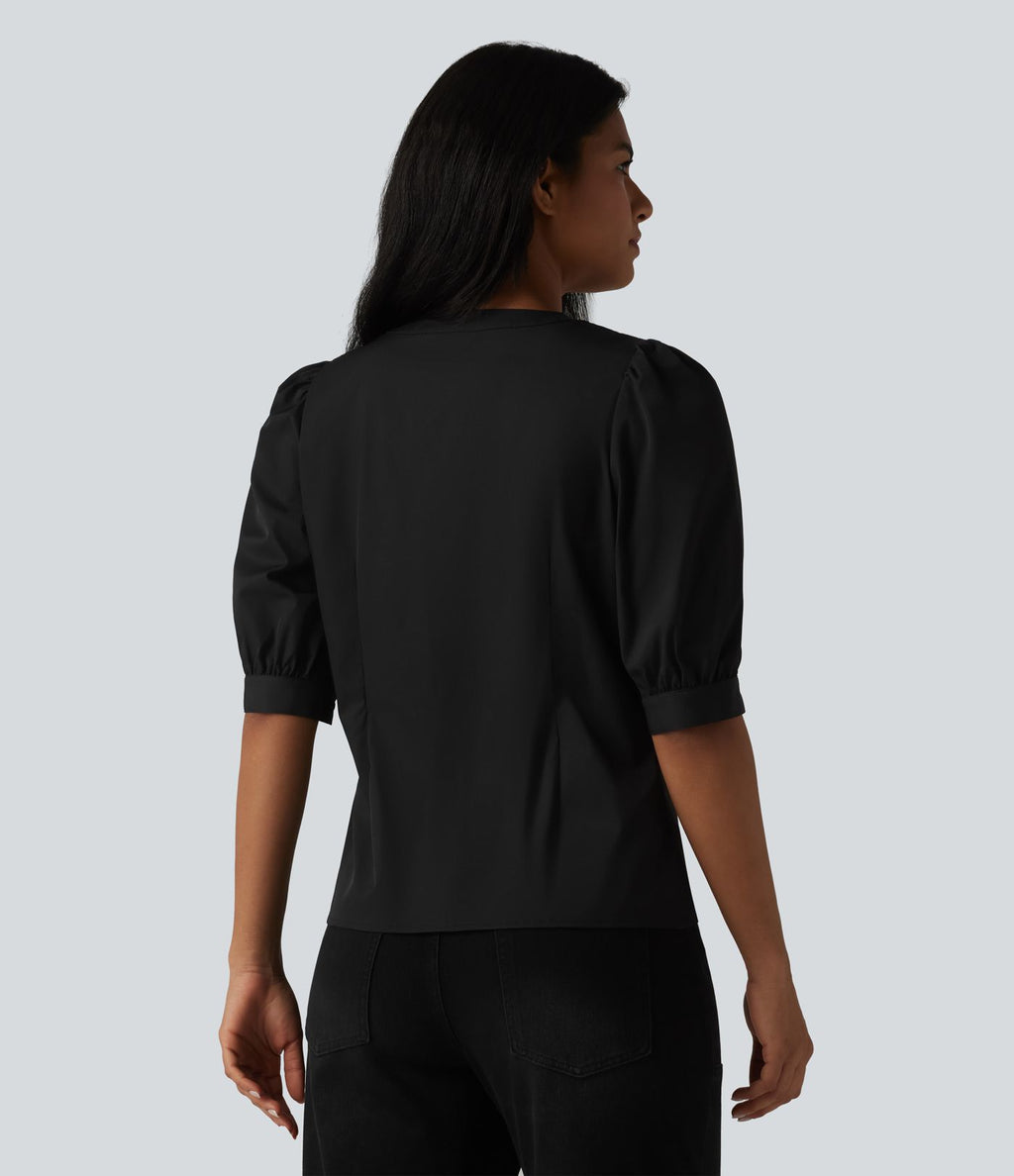 Blouse décontractée col Henley manches bouffantes mi-longues