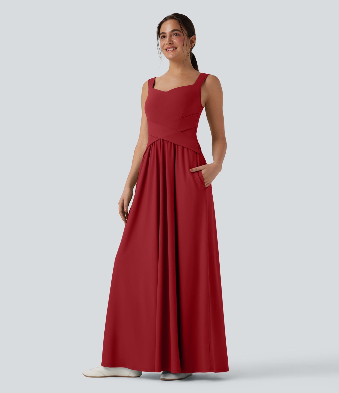 Robe maxi fluide dos nu, avec brassière intégrée et poches