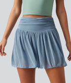 Short 2-en-1 taille haute gainant avec détails froncés, mesh contrasté avec poches, 7,5 cm