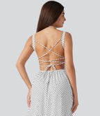 Robe midi fluide à pois à bretelles croisées dos nu col carré sans manches froncée avec soutien-gorge intégré