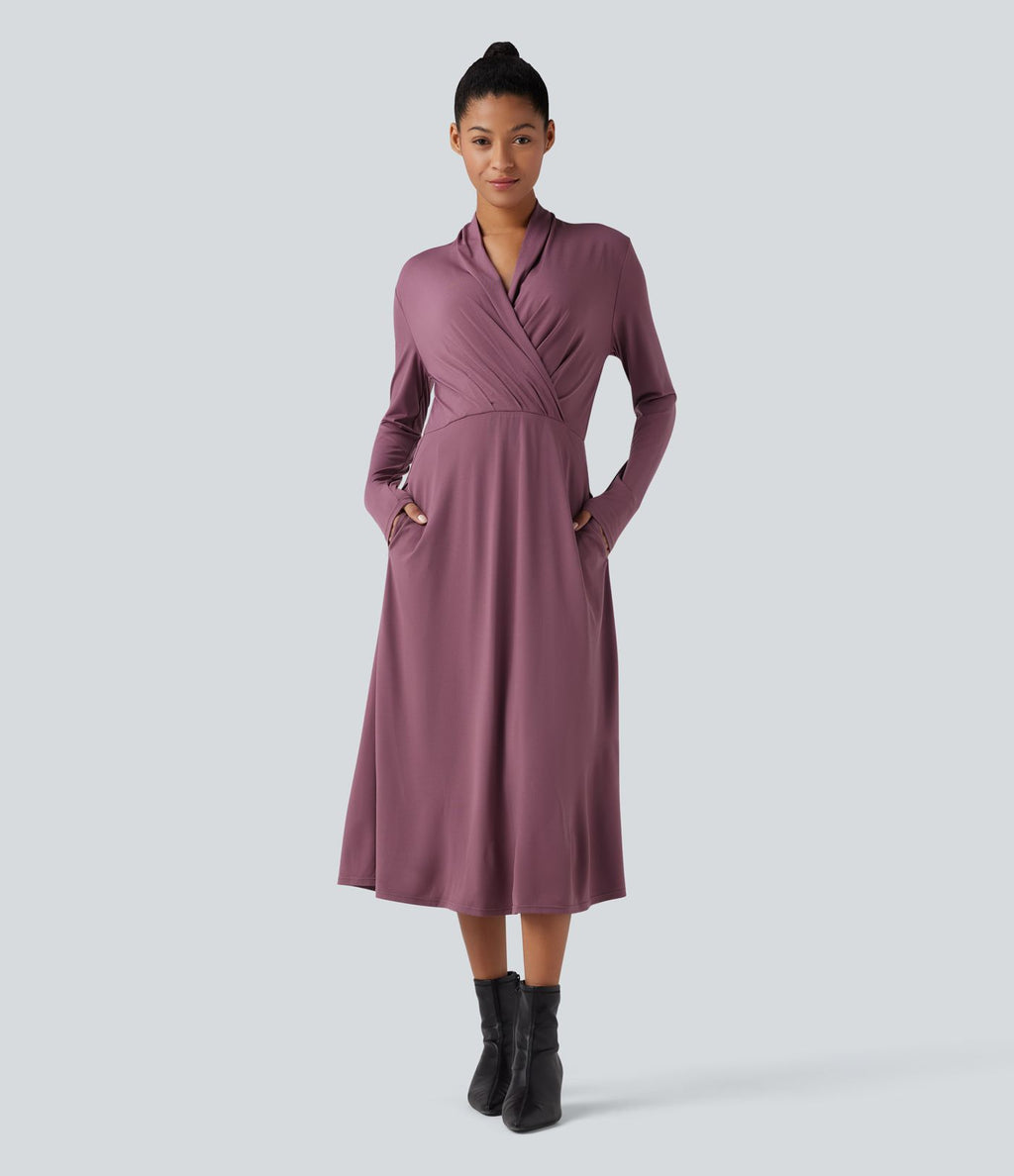 Robe de travail midi col V à manches longues avec poches